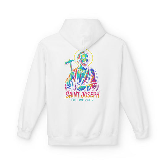 Saint Joseph the Worker Hoodie | Catholic Saint Graphic Sweatshirt | Neon Christian Streetwear | Religious Gift for Men & Women