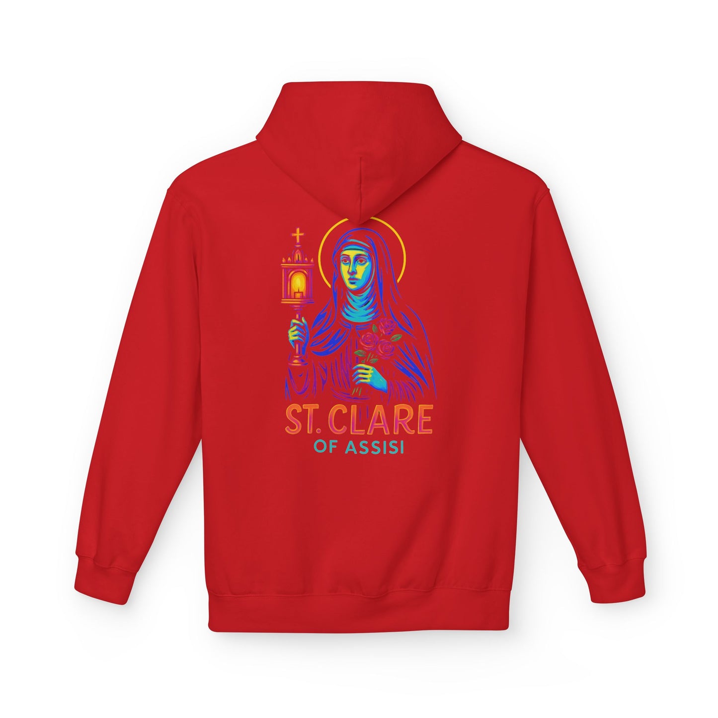 St. Clare of Assisi Neon Hoodie | Catholic Streetwear – Light, Clarity & Fearless Faith