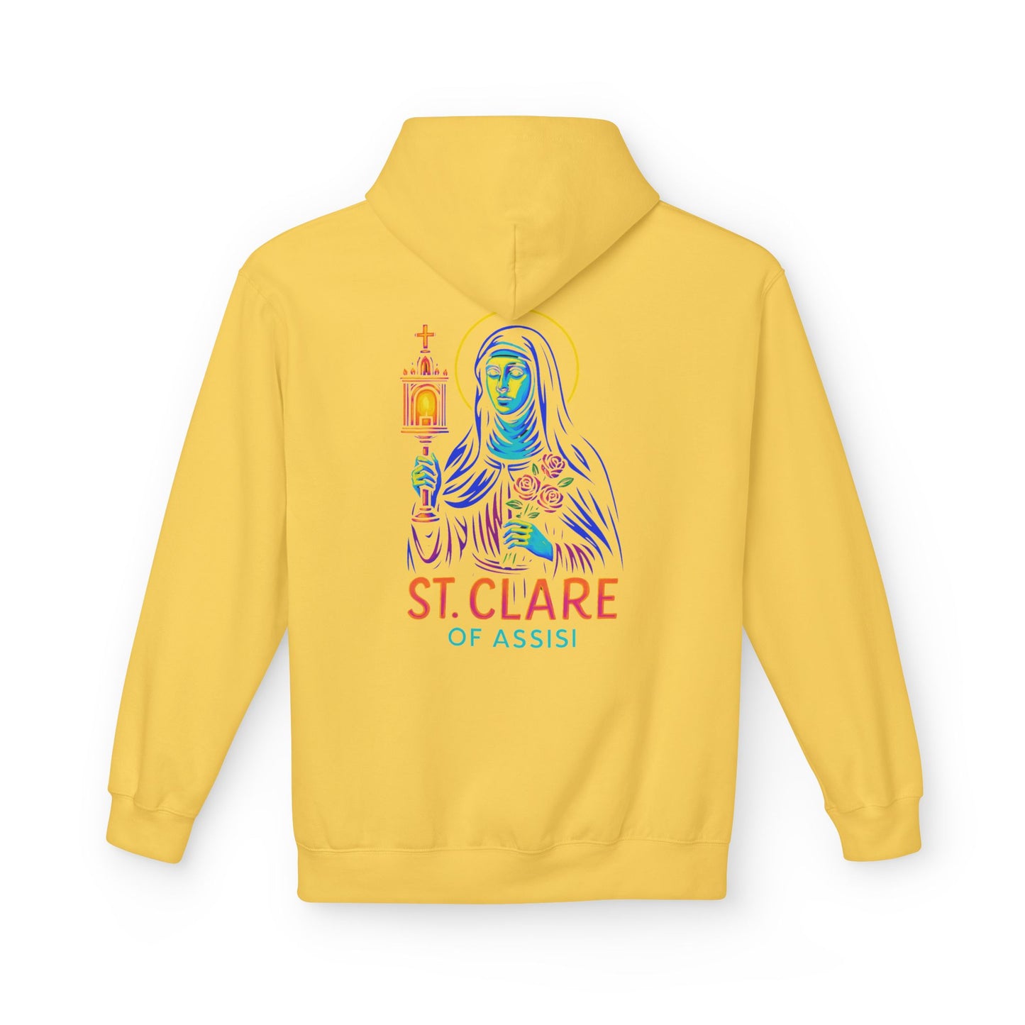 St. Clare of Assisi Neon Hoodie | Catholic Streetwear – Light, Clarity & Fearless Faith