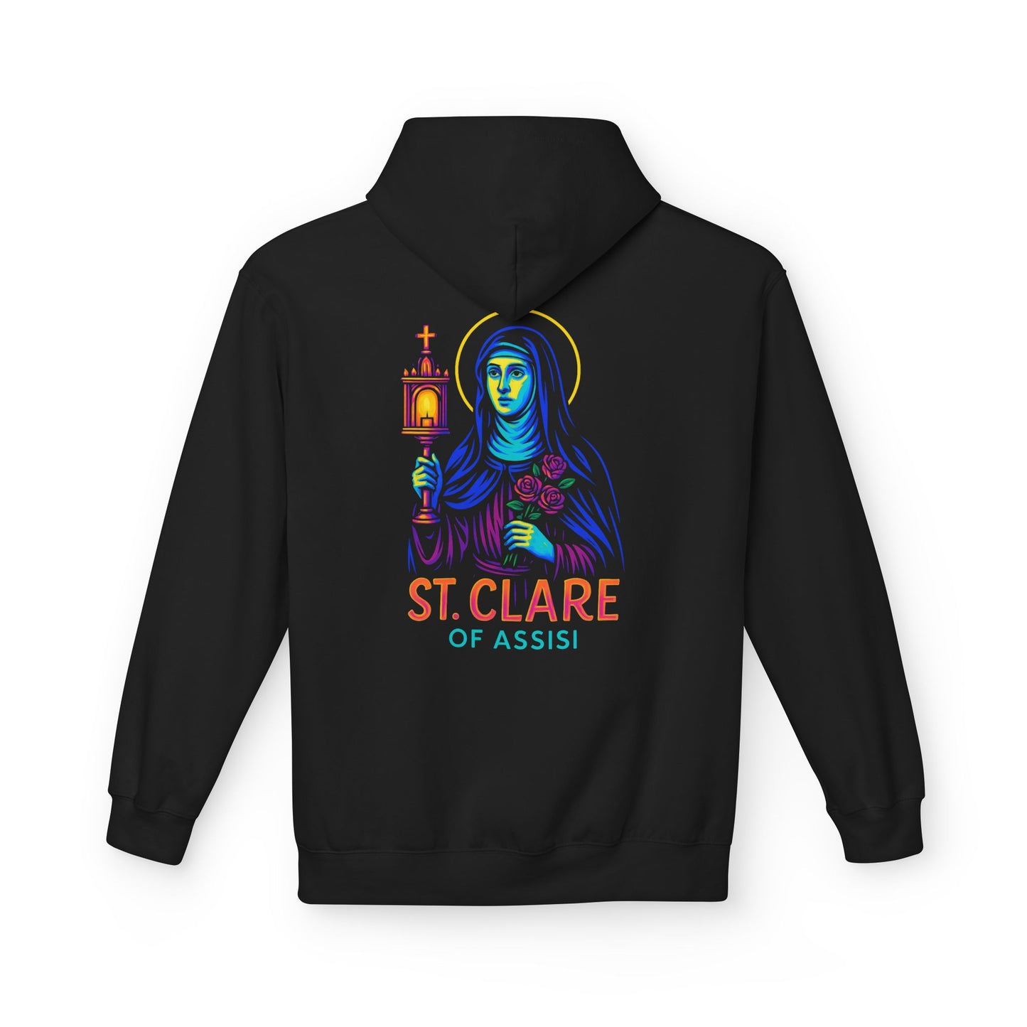 St. Clare of Assisi Neon Hoodie | Catholic Streetwear – Light, Clarity & Fearless Faith