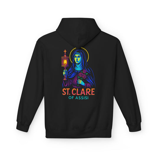 St. Clare of Assisi Neon Hoodie | Catholic Streetwear – Light, Clarity & Fearless Faith