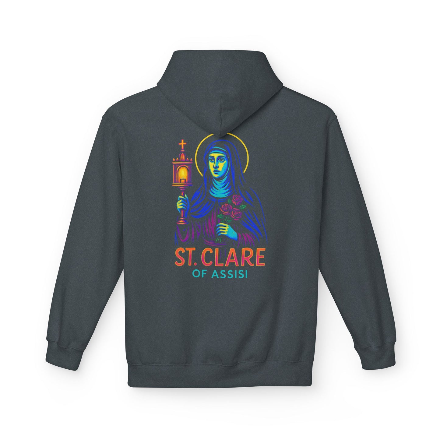 St. Clare of Assisi Neon Hoodie | Catholic Streetwear – Light, Clarity & Fearless Faith