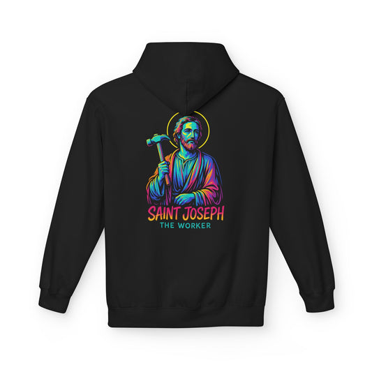 Saint Joseph the Worker Hoodie | Catholic Saint Graphic Sweatshirt | Neon Christian Streetwear | Religious Gift for Men & Women