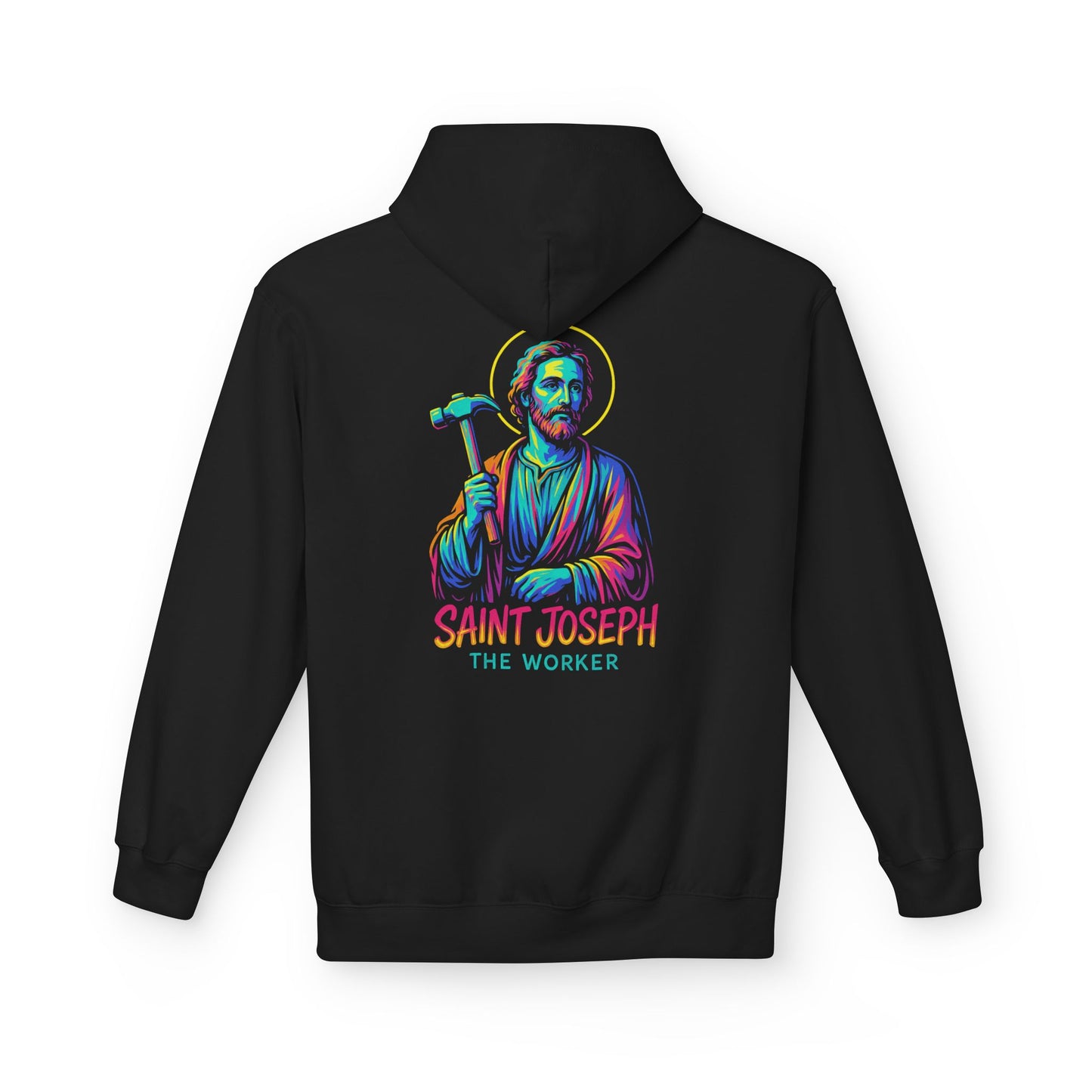 Saint Joseph the Worker Hoodie | Catholic Saint Graphic Sweatshirt | Neon Christian Streetwear | Religious Gift for Men & Women