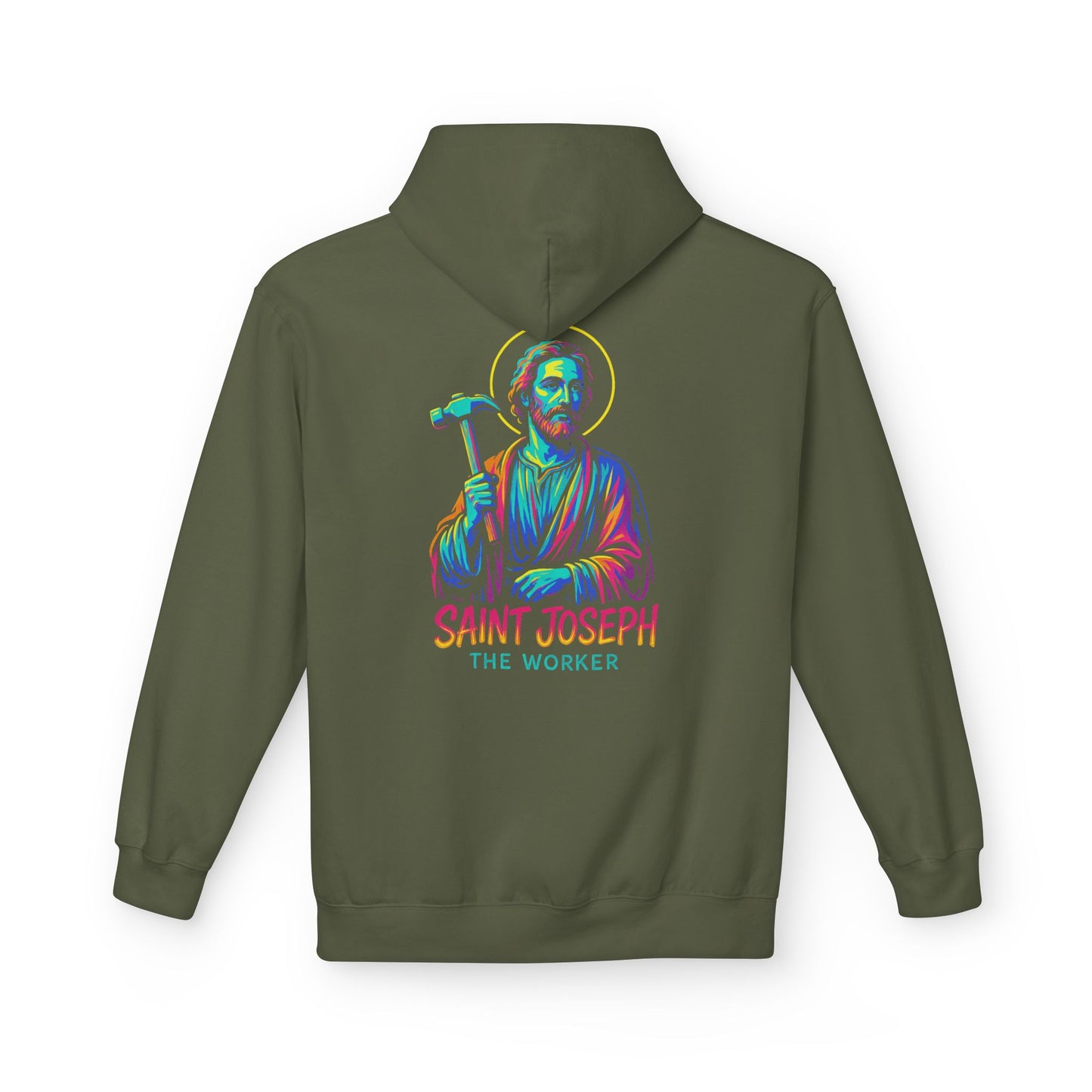 Saint Joseph the Worker Hoodie | Catholic Saint Graphic Sweatshirt | Neon Christian Streetwear | Religious Gift for Men & Women