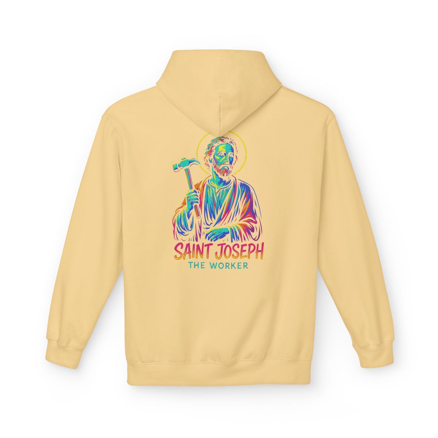 Saint Joseph the Worker Hoodie | Catholic Saint Graphic Sweatshirt | Neon Christian Streetwear | Religious Gift for Men & Women