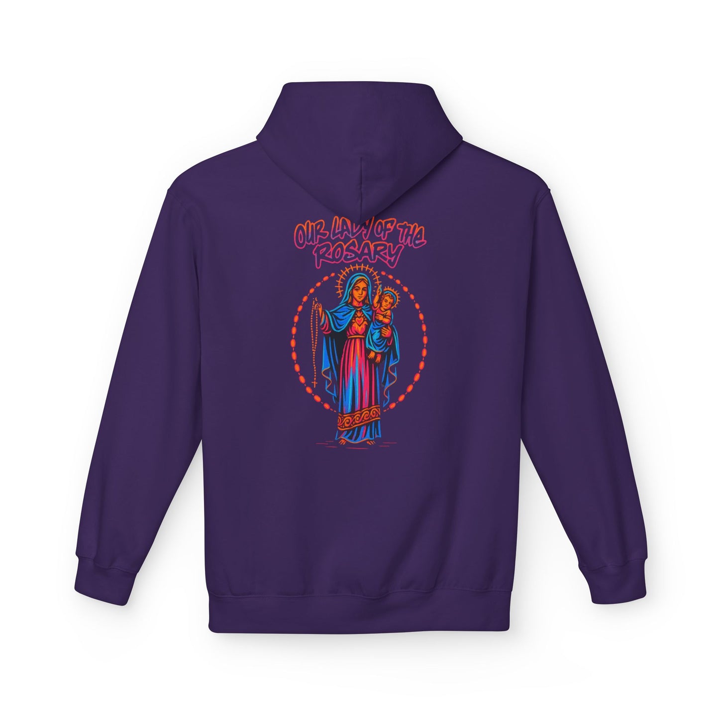 Our Lady of the Rosary Hoodie – Neon Catholic Streetwear – Christian Faith Graphic Sweatshirt by Saints Hood