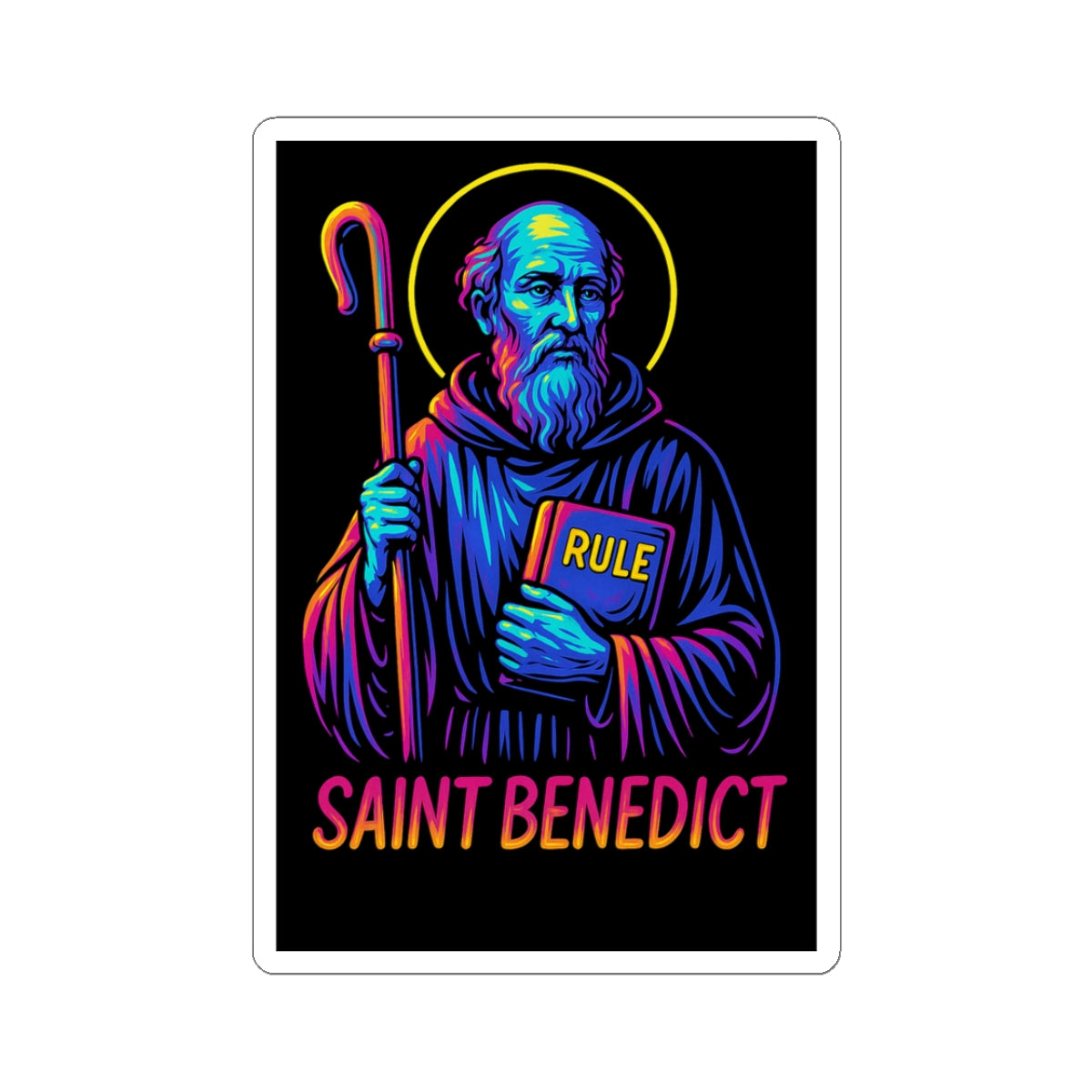 St. Benedict Sticker | Catholic Saint Decal | Neon Christian Sticker | Faith Graphic Laptop & Water Bottle Sticker | Benedict Medal Art
