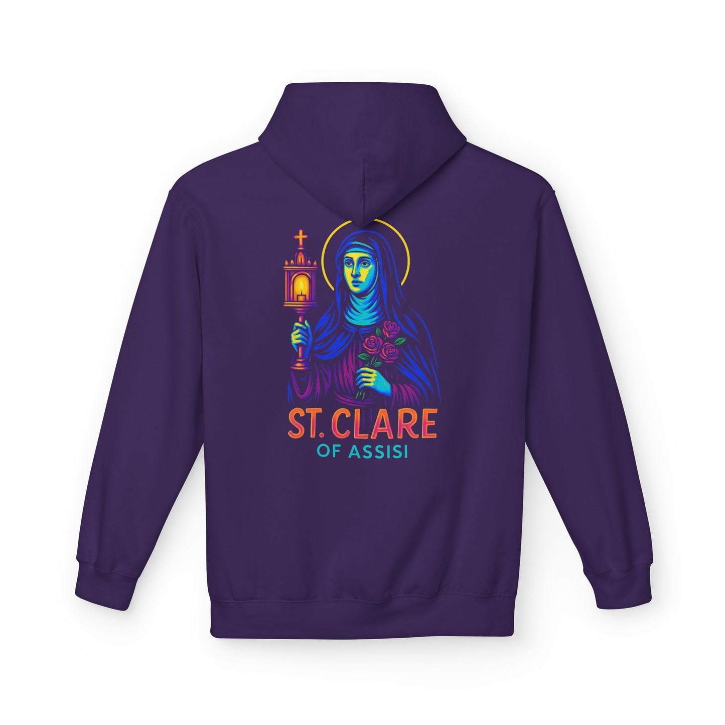 St. Clare of Assisi Neon Hoodie | Catholic Streetwear – Light, Clarity & Fearless Faith