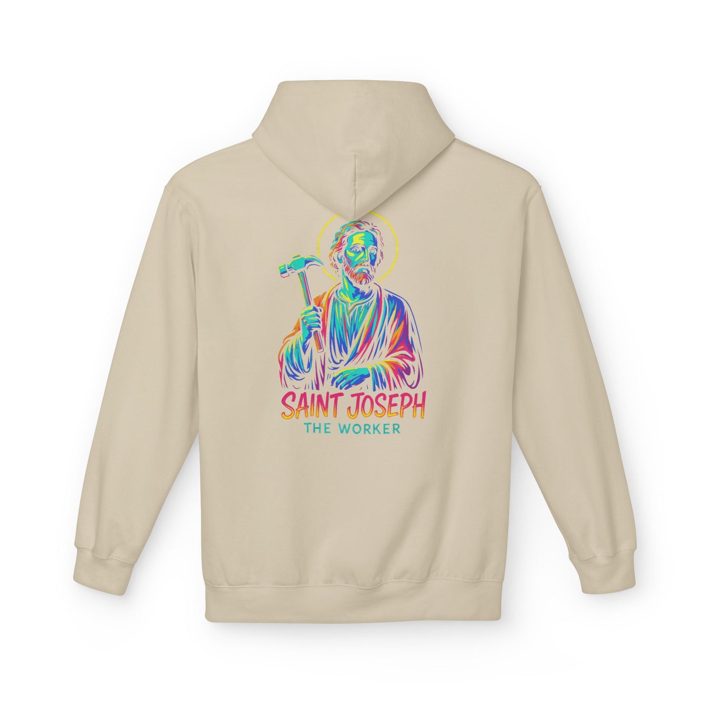 Saint Joseph the Worker Hoodie | Catholic Saint Graphic Sweatshirt | Neon Christian Streetwear | Religious Gift for Men & Women
