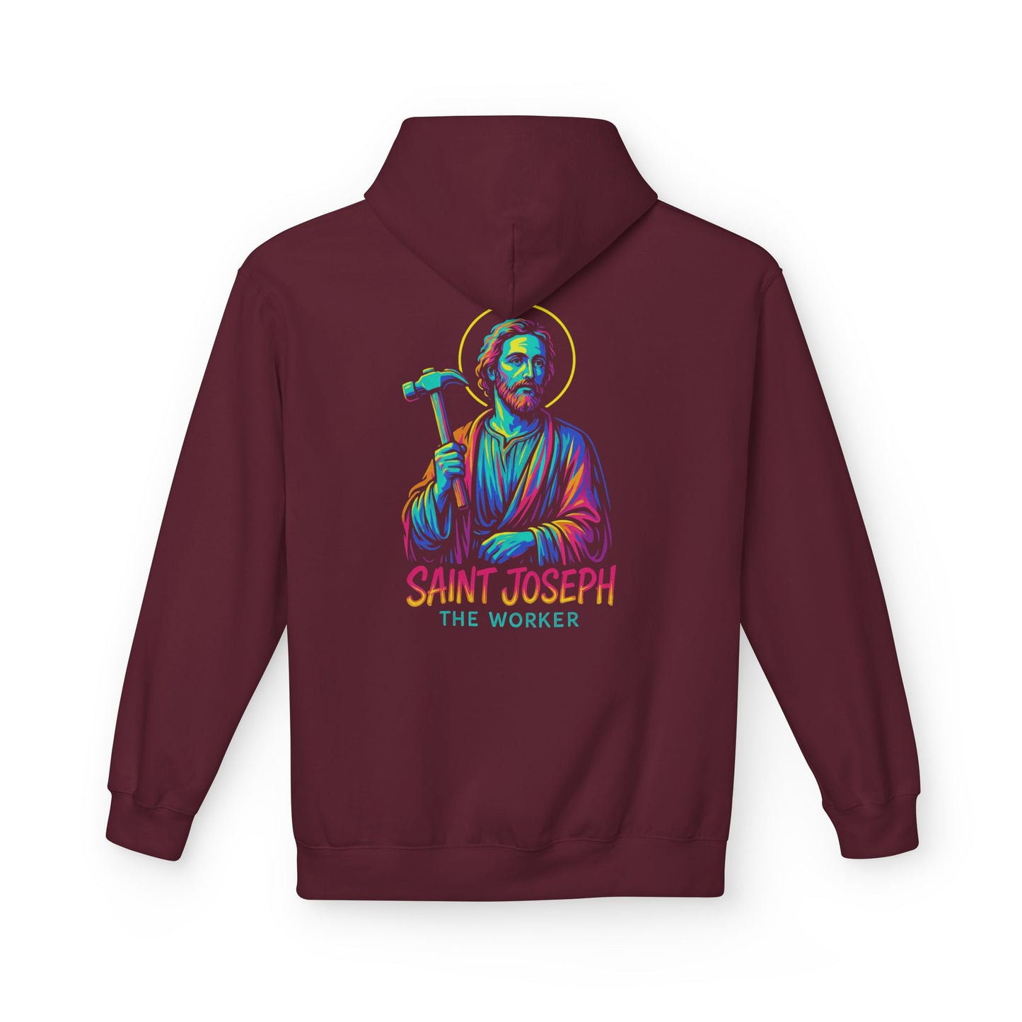 Saint Joseph the Worker Hoodie | Catholic Saint Graphic Sweatshirt | Neon Christian Streetwear | Religious Gift for Men & Women