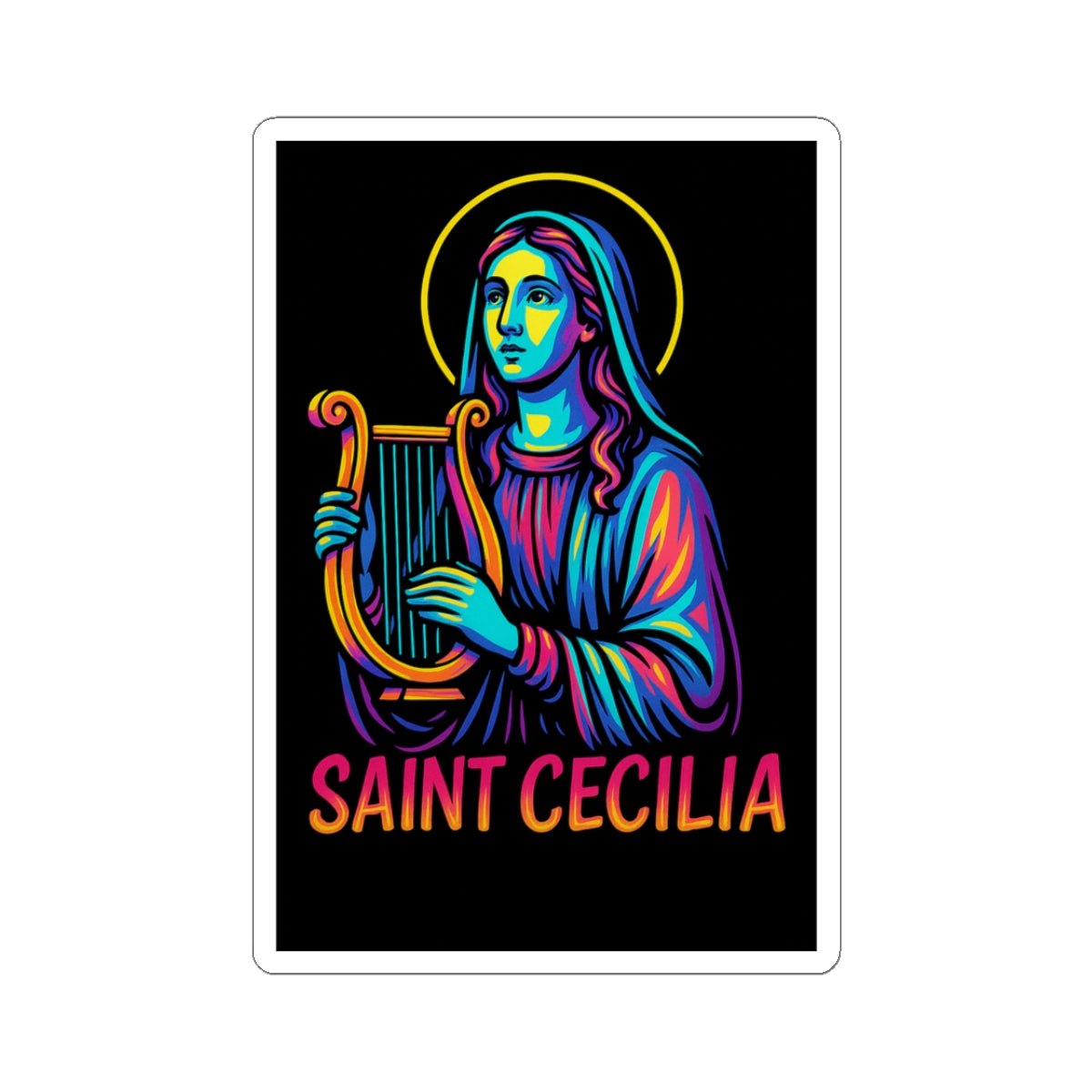 St. Cecilia Sticker | Catholic Saint Decal | Neon Christian Sticker | Faith Graphic Laptop & Water Bottle Sticker | Patron of Music Art