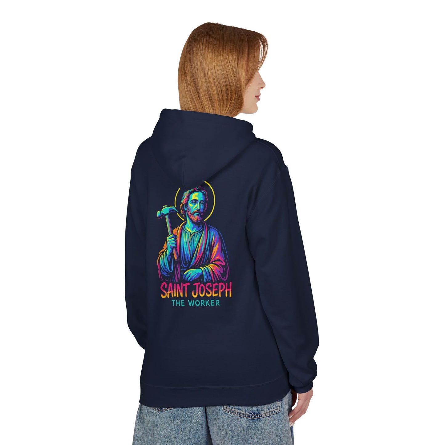 Saint Joseph the Worker Hoodie | Catholic Saint Graphic Sweatshirt | Neon Christian Streetwear | Religious Gift for Men & Women
