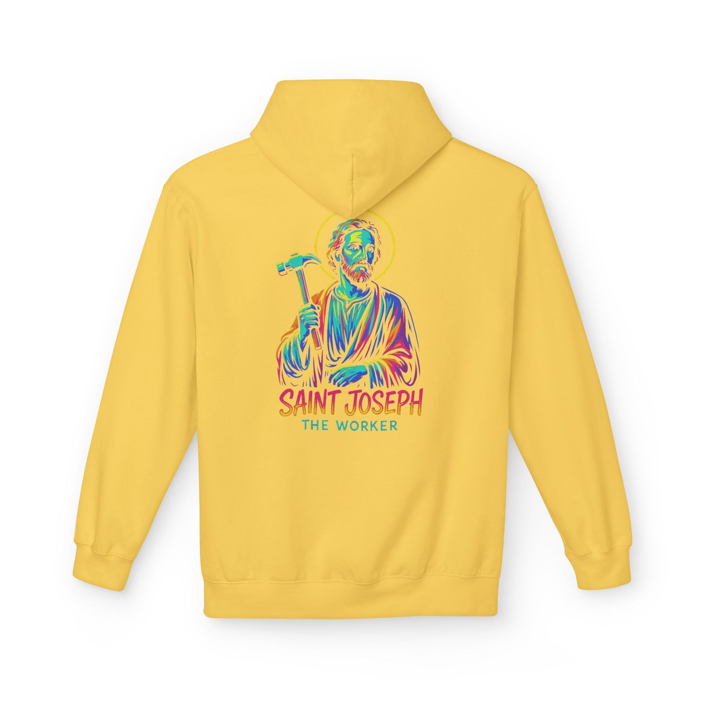 Saint Joseph the Worker Hoodie | Catholic Saint Graphic Sweatshirt | Neon Christian Streetwear | Religious Gift for Men & Women