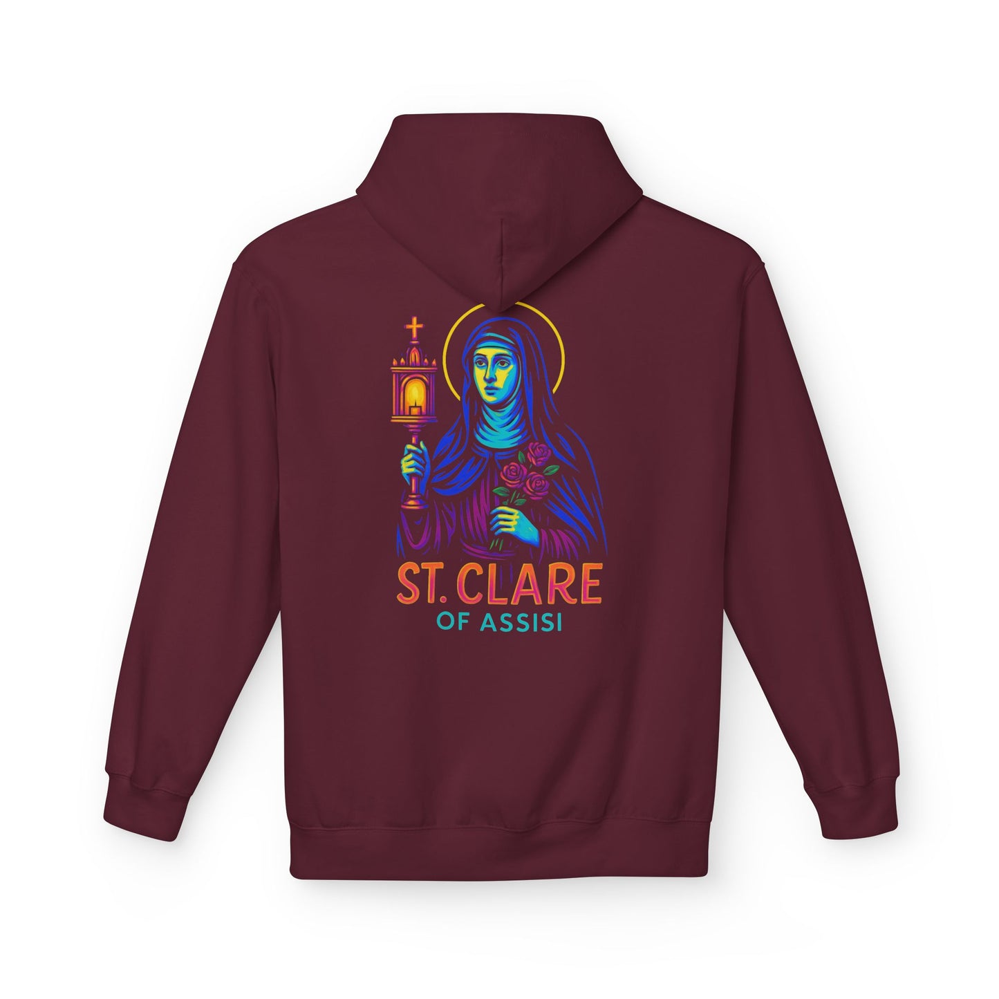 St. Clare of Assisi Neon Hoodie | Catholic Streetwear – Light, Clarity & Fearless Faith