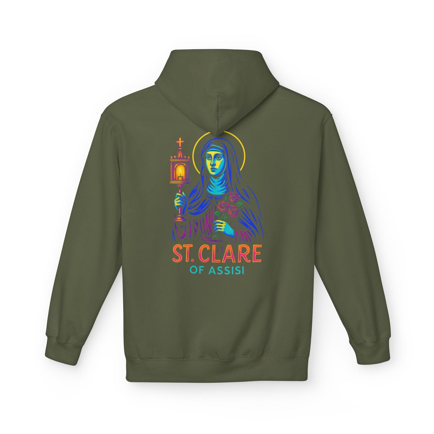 St. Clare of Assisi Neon Hoodie | Catholic Streetwear – Light, Clarity & Fearless Faith