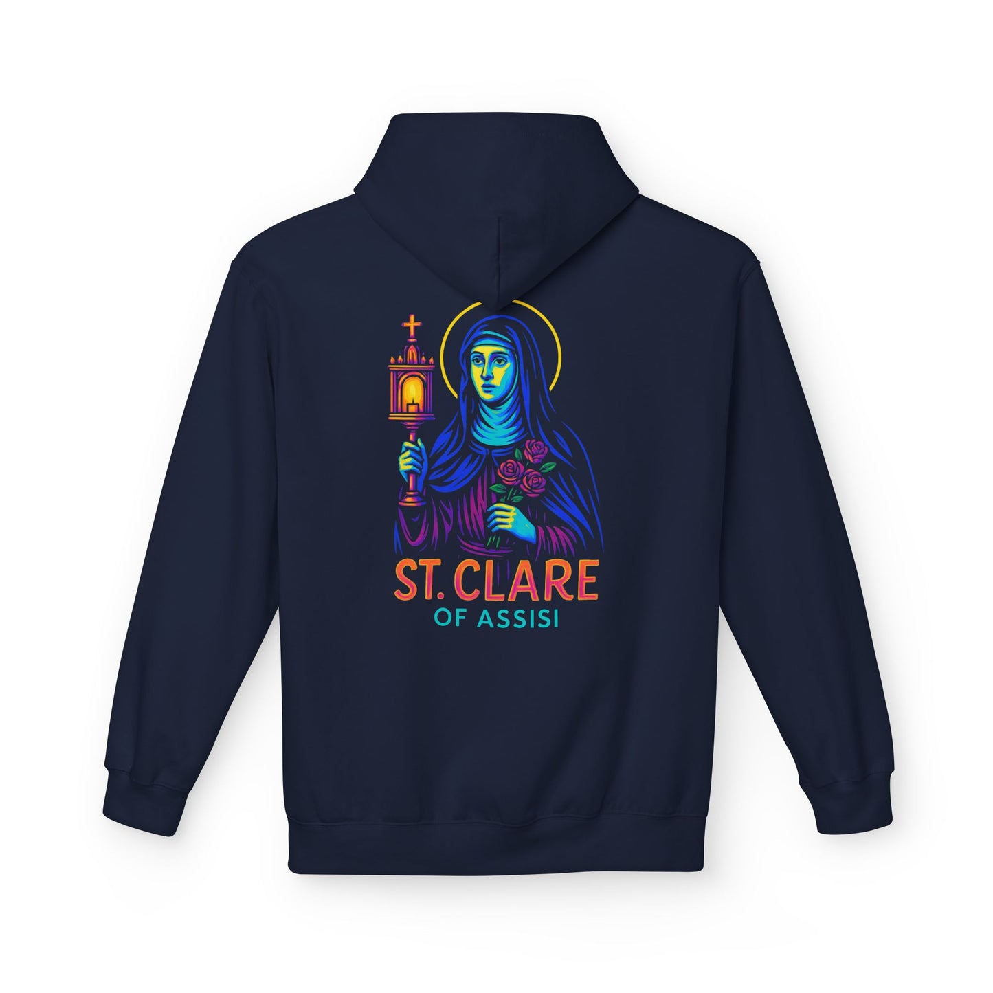St. Clare of Assisi Neon Hoodie | Catholic Streetwear – Light, Clarity & Fearless Faith