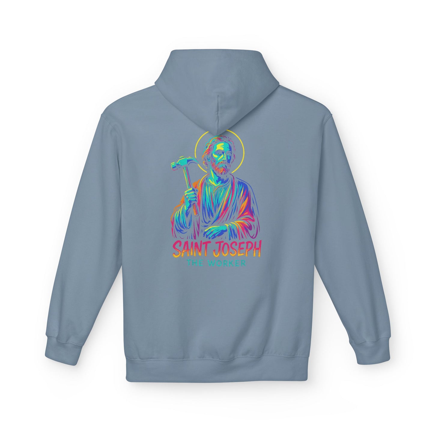 Saint Joseph the Worker Hoodie | Catholic Saint Graphic Sweatshirt | Neon Christian Streetwear | Religious Gift for Men & Women
