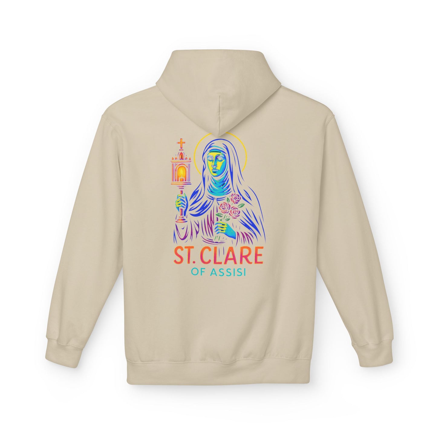 St. Clare of Assisi Neon Hoodie | Catholic Streetwear – Light, Clarity & Fearless Faith