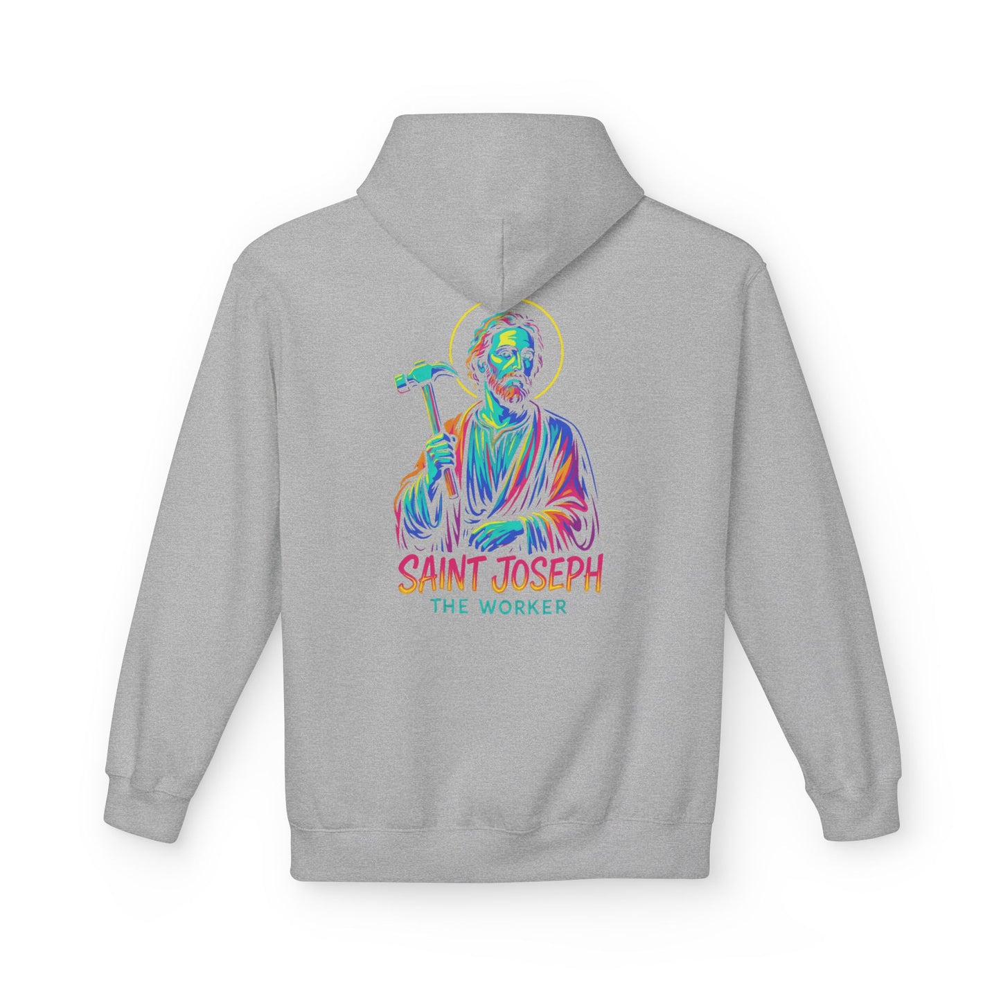 Saint Joseph the Worker Hoodie | Catholic Saint Graphic Sweatshirt | Neon Christian Streetwear | Religious Gift for Men & Women