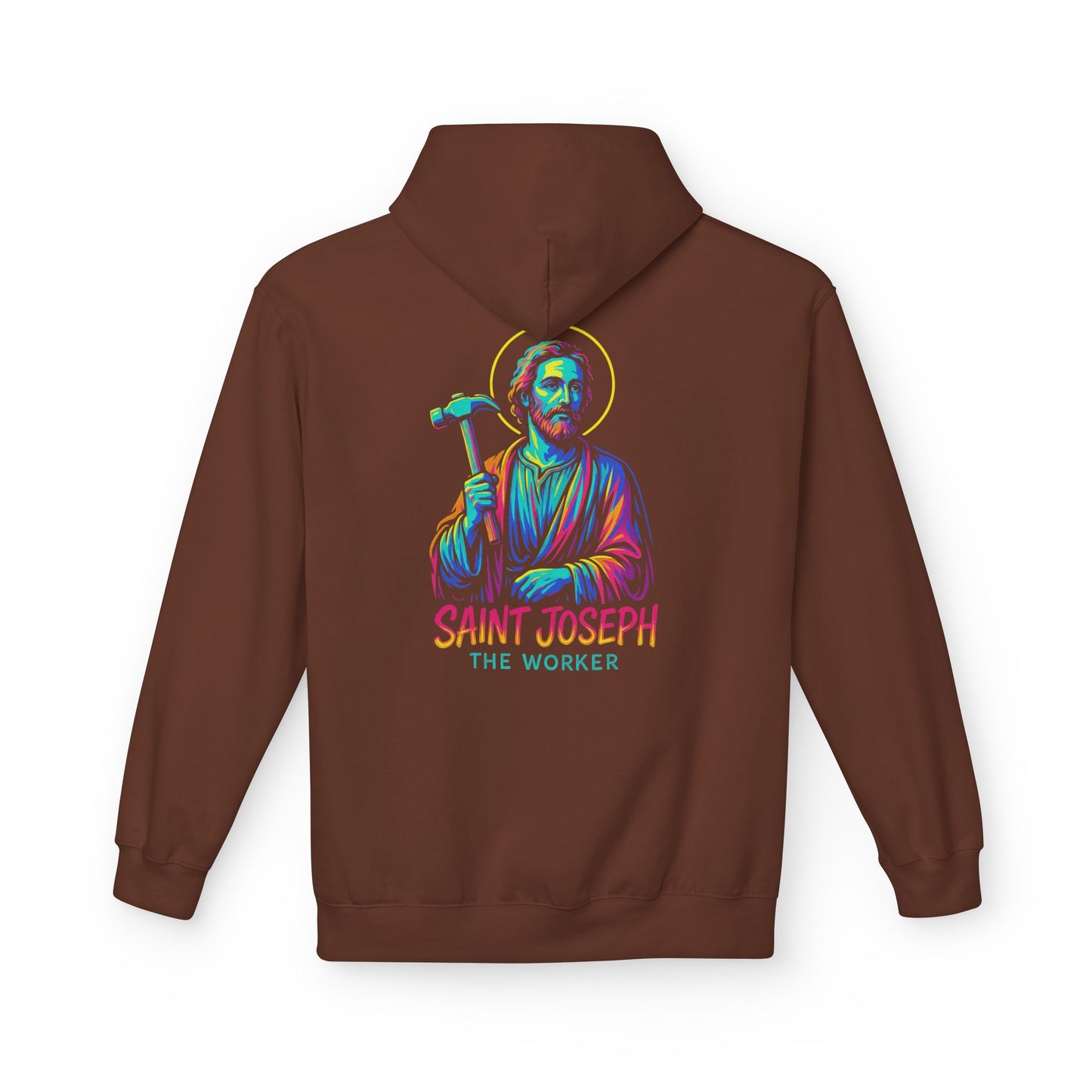 Saint Joseph the Worker Hoodie | Catholic Saint Graphic Sweatshirt | Neon Christian Streetwear | Religious Gift for Men & Women