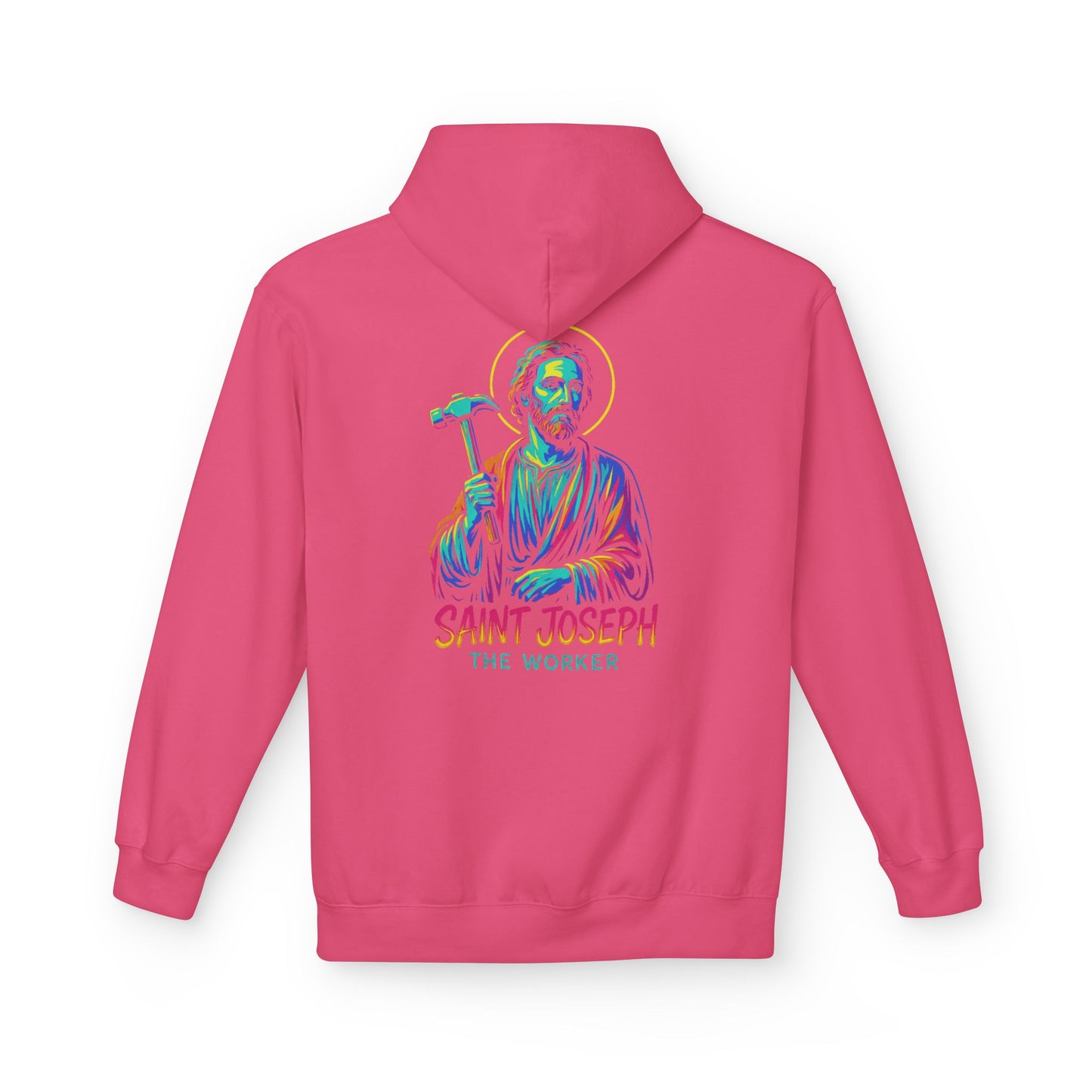 Saint Joseph the Worker Hoodie | Catholic Saint Graphic Sweatshirt | Neon Christian Streetwear | Religious Gift for Men & Women