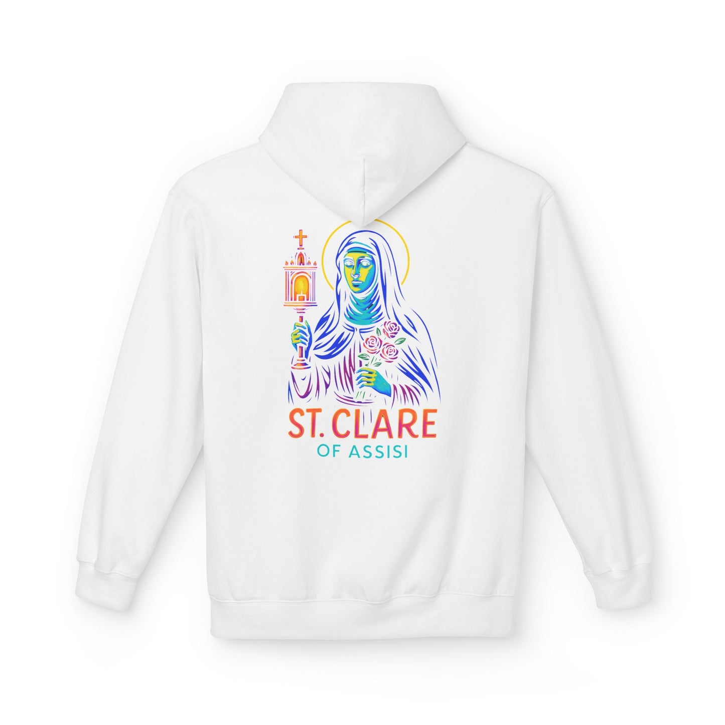 St. Clare of Assisi Neon Hoodie | Catholic Streetwear – Light, Clarity & Fearless Faith
