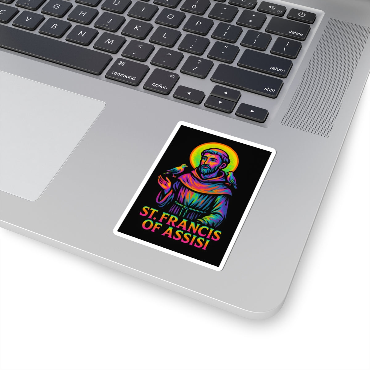 St. Francis of Assisi Sticker | Catholic Saint Decal | Neon Christian Sticker | Faith Graphic Laptop & Water Bottle Sticker