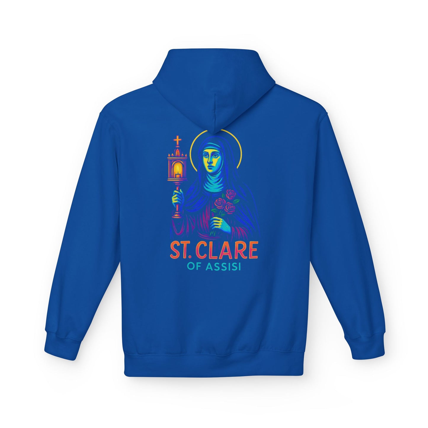 St. Clare of Assisi Neon Hoodie | Catholic Streetwear – Light, Clarity & Fearless Faith