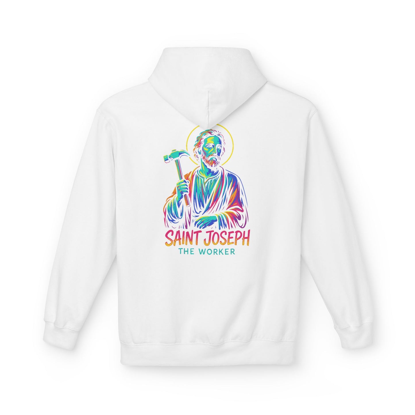 Saint Joseph the Worker Hoodie | Catholic Saint Graphic Sweatshirt | Neon Christian Streetwear | Religious Gift for Men & Women