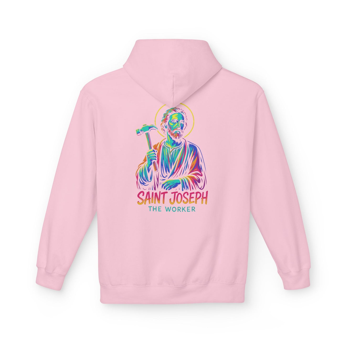 Saint Joseph the Worker Hoodie | Catholic Saint Graphic Sweatshirt | Neon Christian Streetwear | Religious Gift for Men & Women