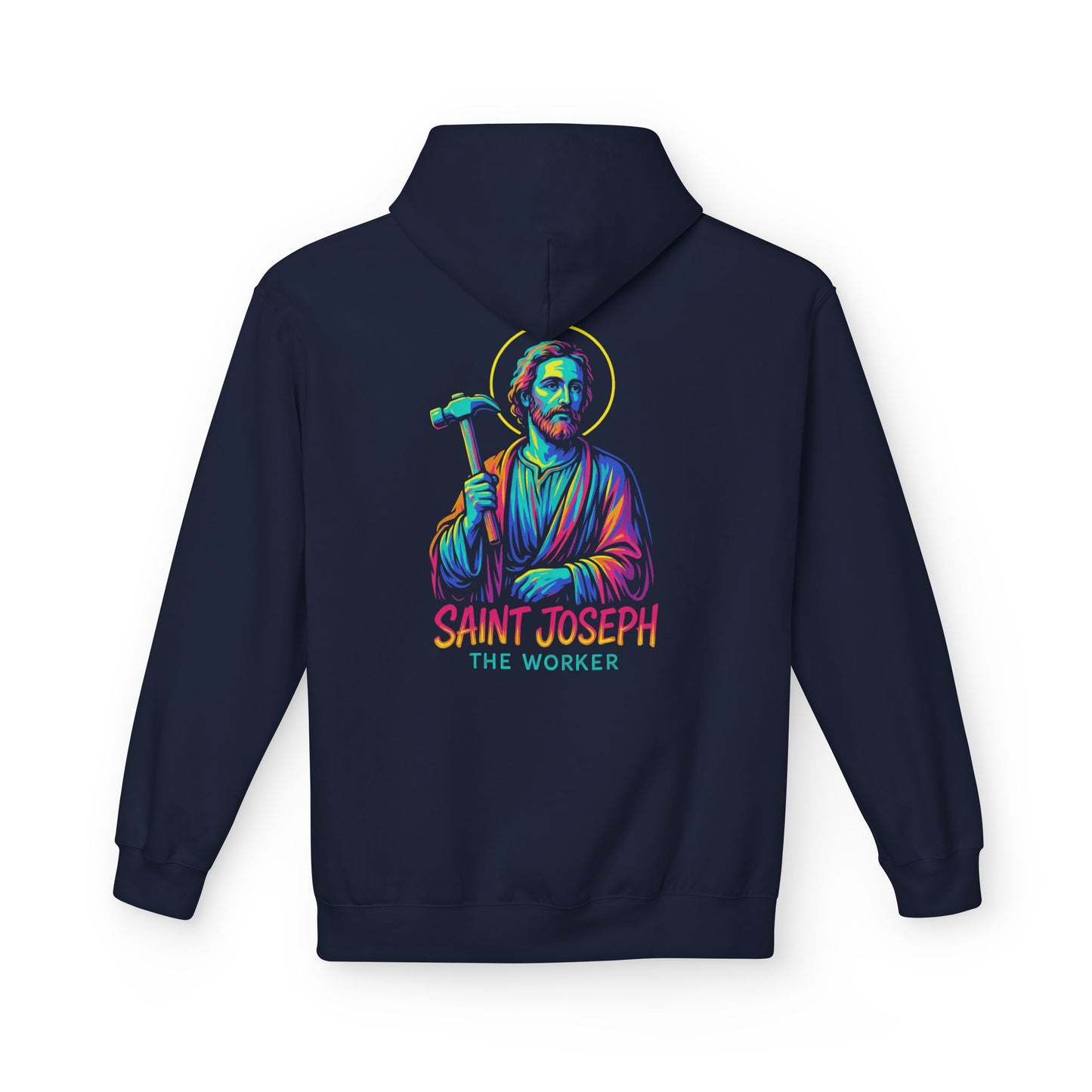 Saint Joseph the Worker Hoodie | Catholic Saint Graphic Sweatshirt | Neon Christian Streetwear | Religious Gift for Men & Women