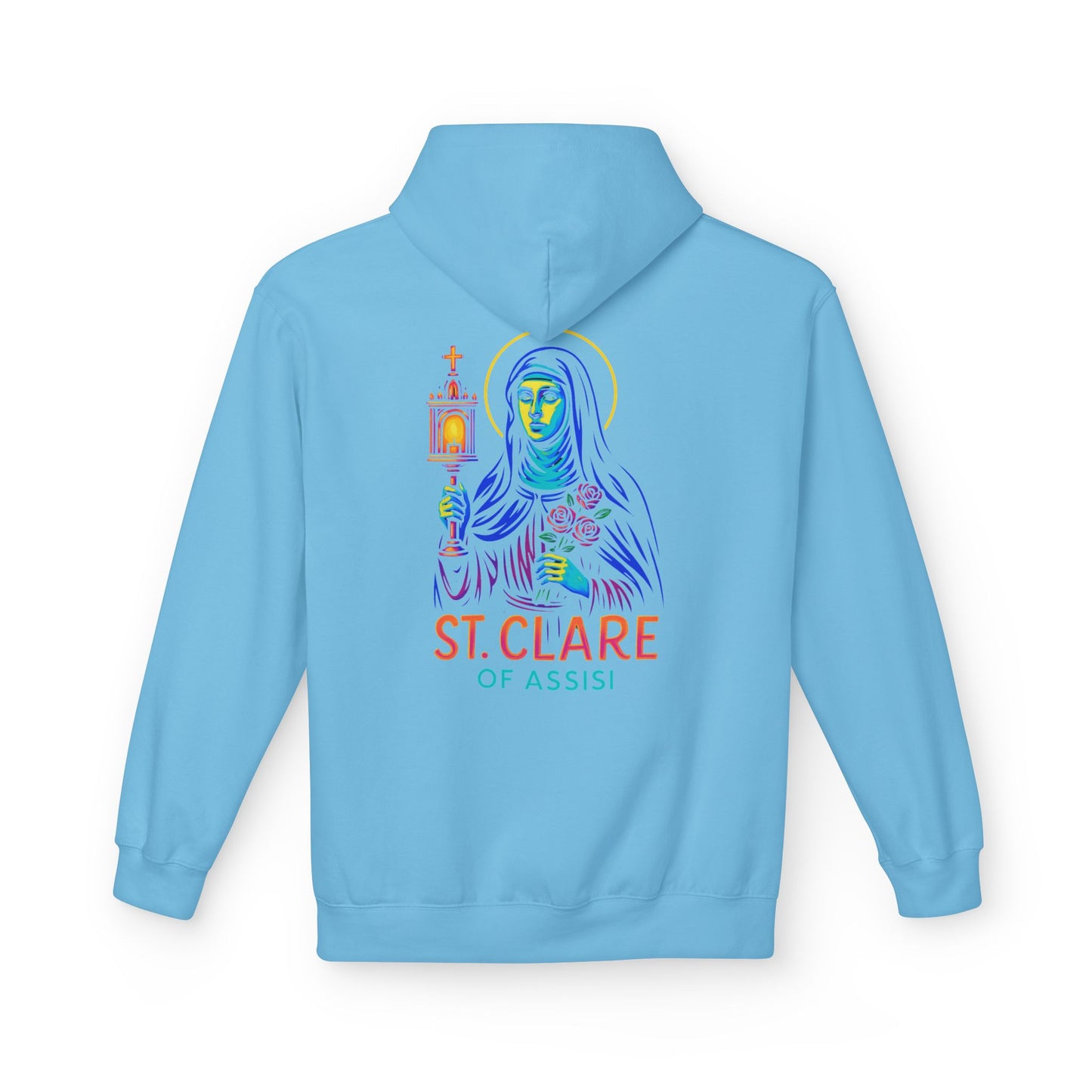 St. Clare of Assisi Neon Hoodie | Catholic Streetwear – Light, Clarity & Fearless Faith