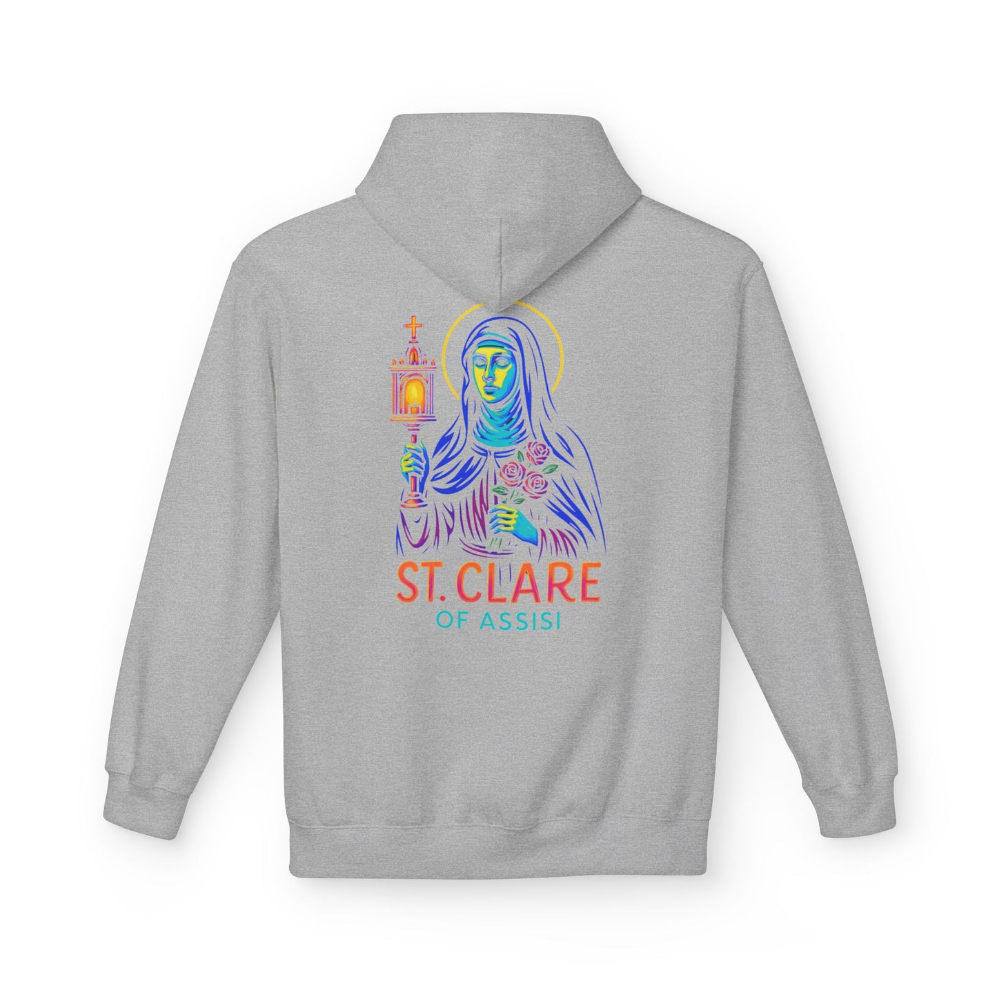 St. Clare of Assisi Neon Hoodie | Catholic Streetwear – Light, Clarity & Fearless Faith