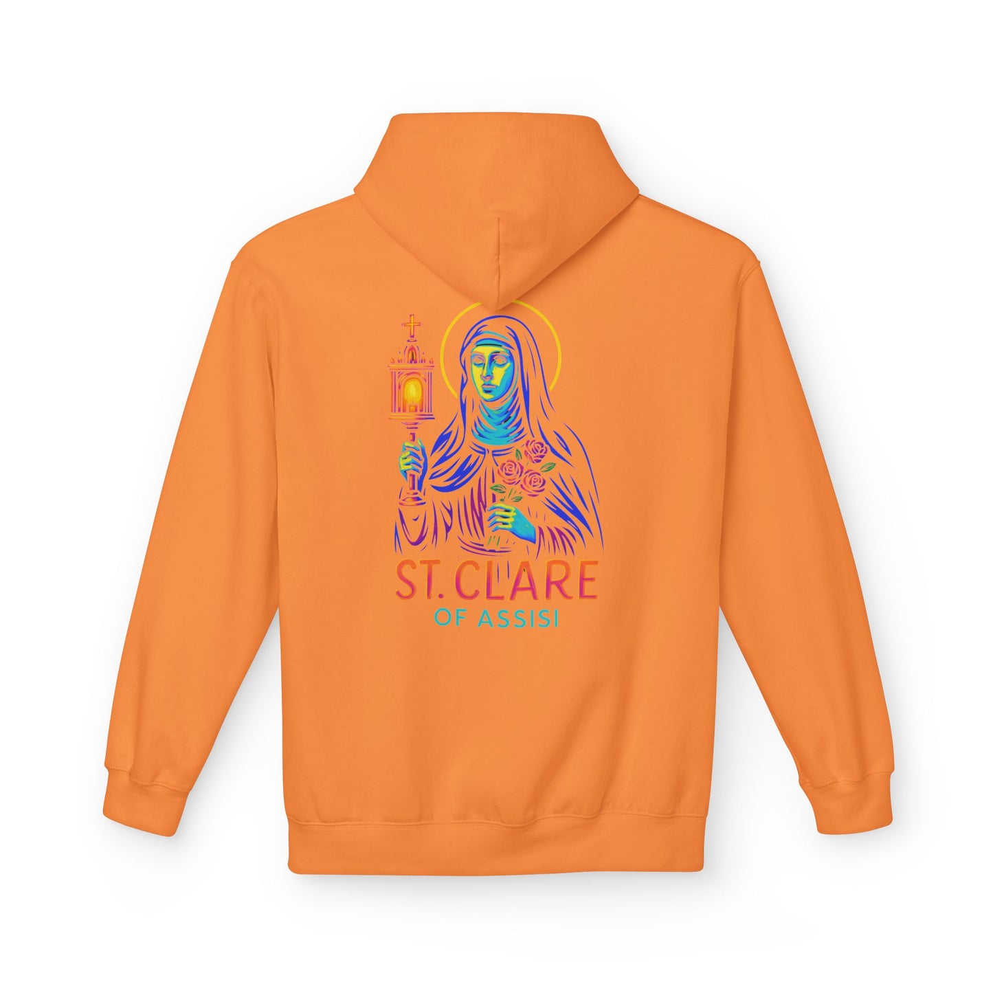 St. Clare of Assisi Neon Hoodie | Catholic Streetwear – Light, Clarity & Fearless Faith