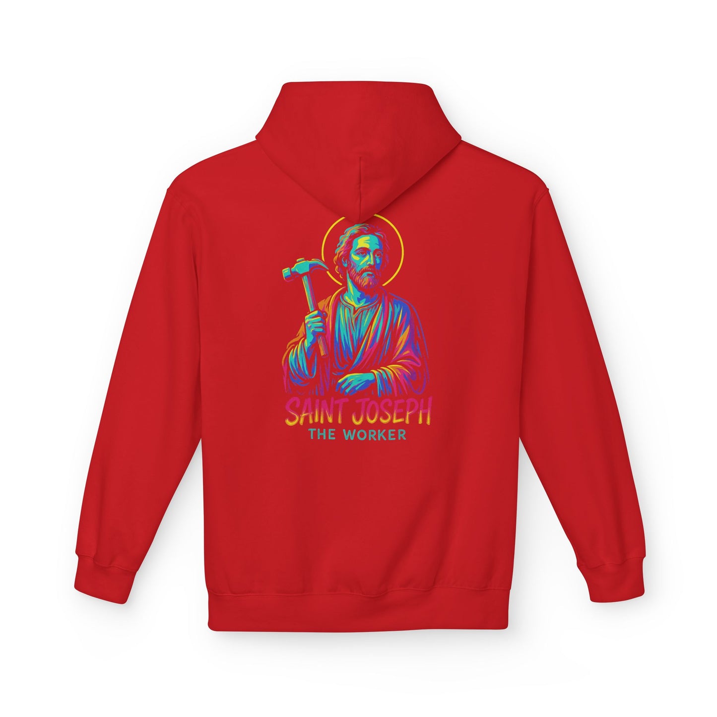 Saint Joseph the Worker Hoodie | Catholic Saint Graphic Sweatshirt | Neon Christian Streetwear | Religious Gift for Men & Women