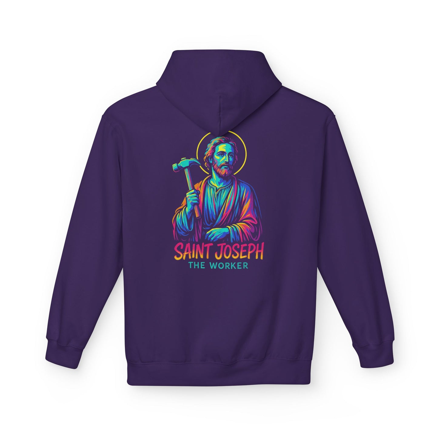 Saint Joseph the Worker Hoodie | Catholic Saint Graphic Sweatshirt | Neon Christian Streetwear | Religious Gift for Men & Women