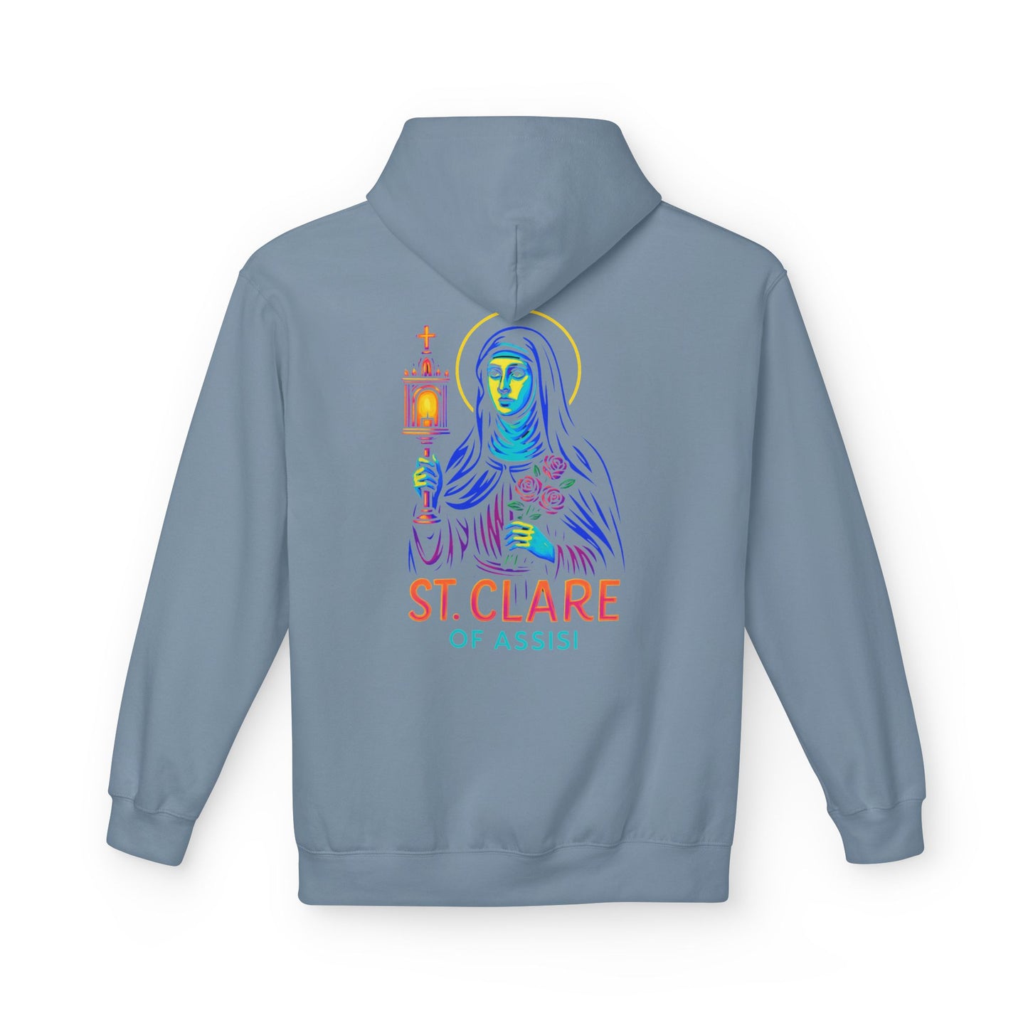 St. Clare of Assisi Neon Hoodie | Catholic Streetwear – Light, Clarity & Fearless Faith