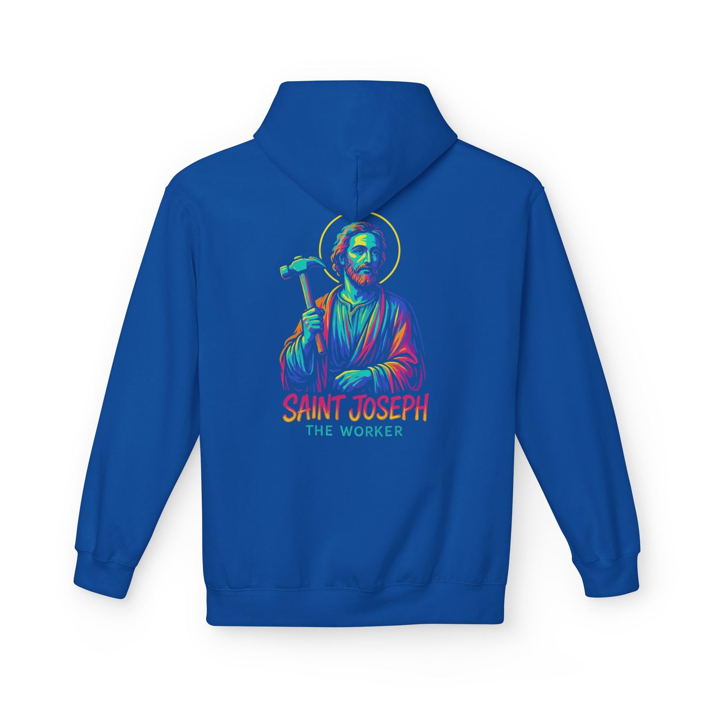 Saint Joseph the Worker Hoodie | Catholic Saint Graphic Sweatshirt | Neon Christian Streetwear | Religious Gift for Men & Women