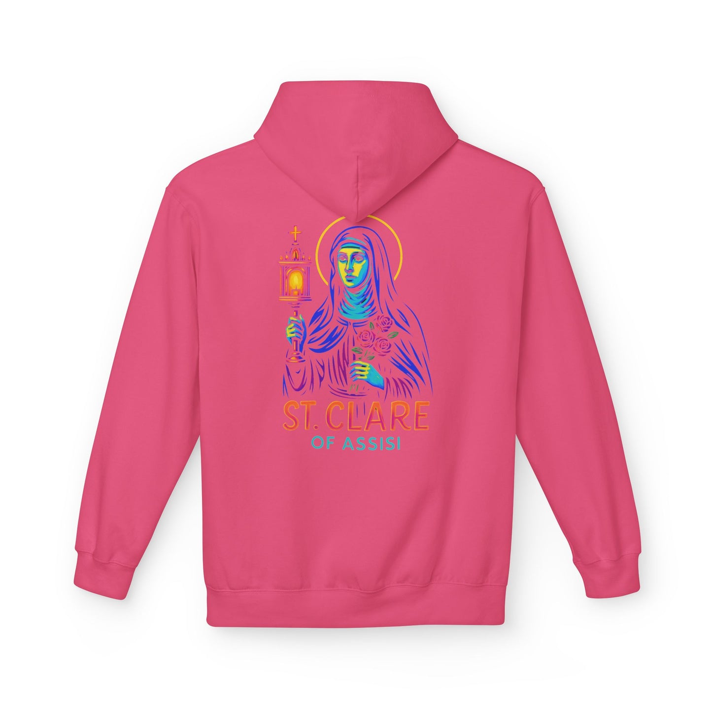 St. Clare of Assisi Neon Hoodie | Catholic Streetwear – Light, Clarity & Fearless Faith