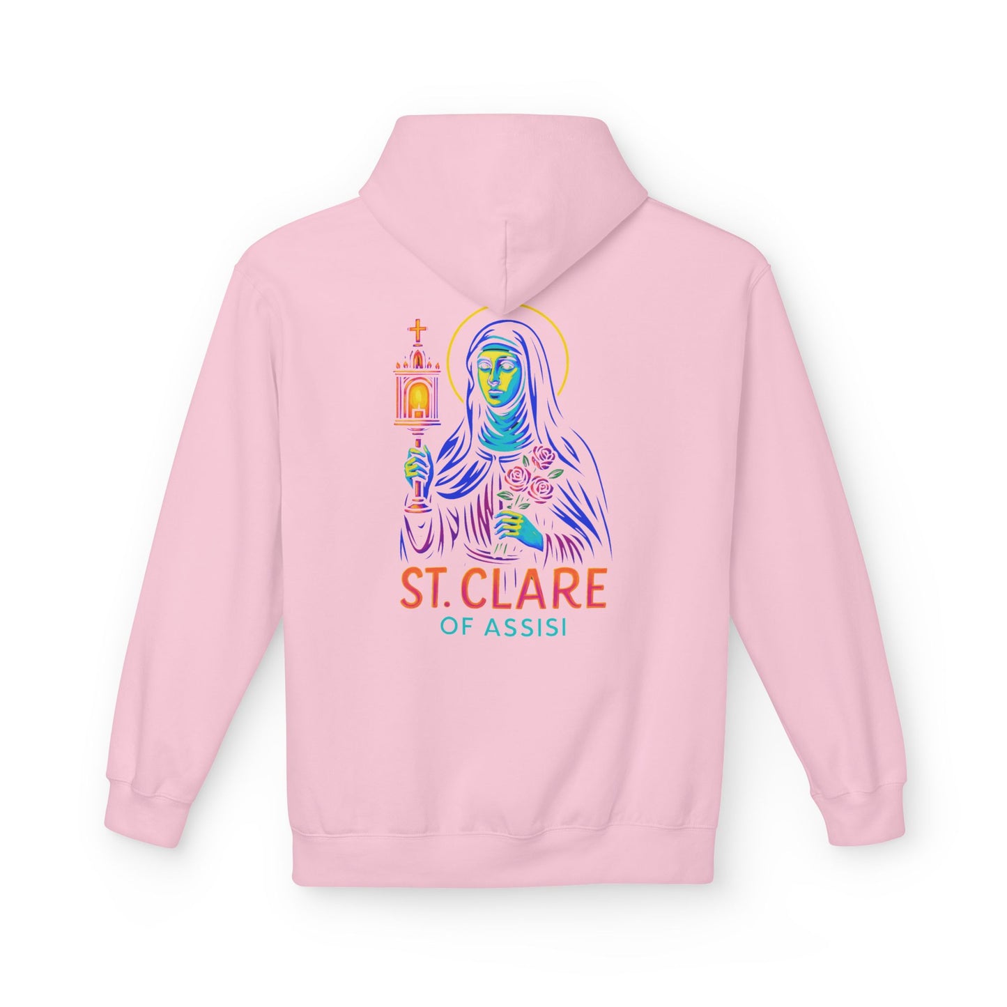 St. Clare of Assisi Neon Hoodie | Catholic Streetwear – Light, Clarity & Fearless Faith