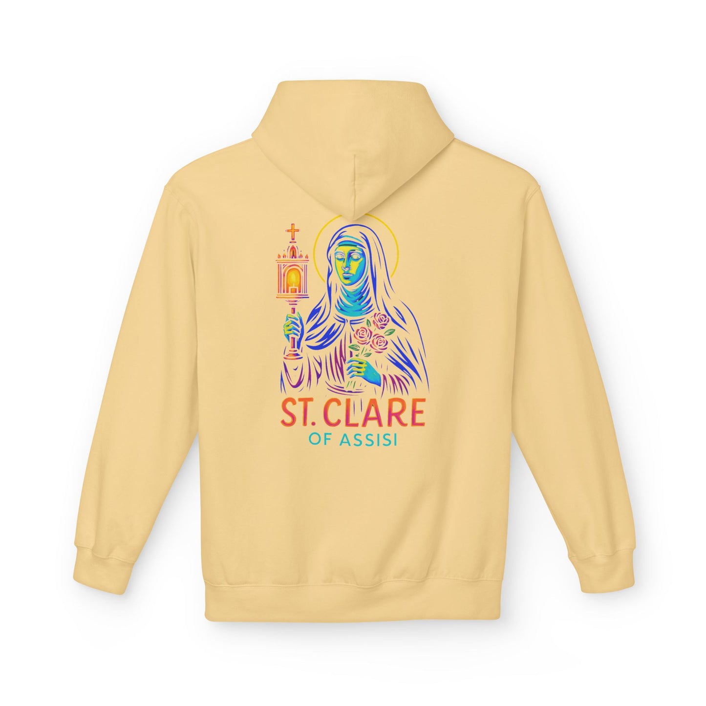 St. Clare of Assisi Neon Hoodie | Catholic Streetwear – Light, Clarity & Fearless Faith