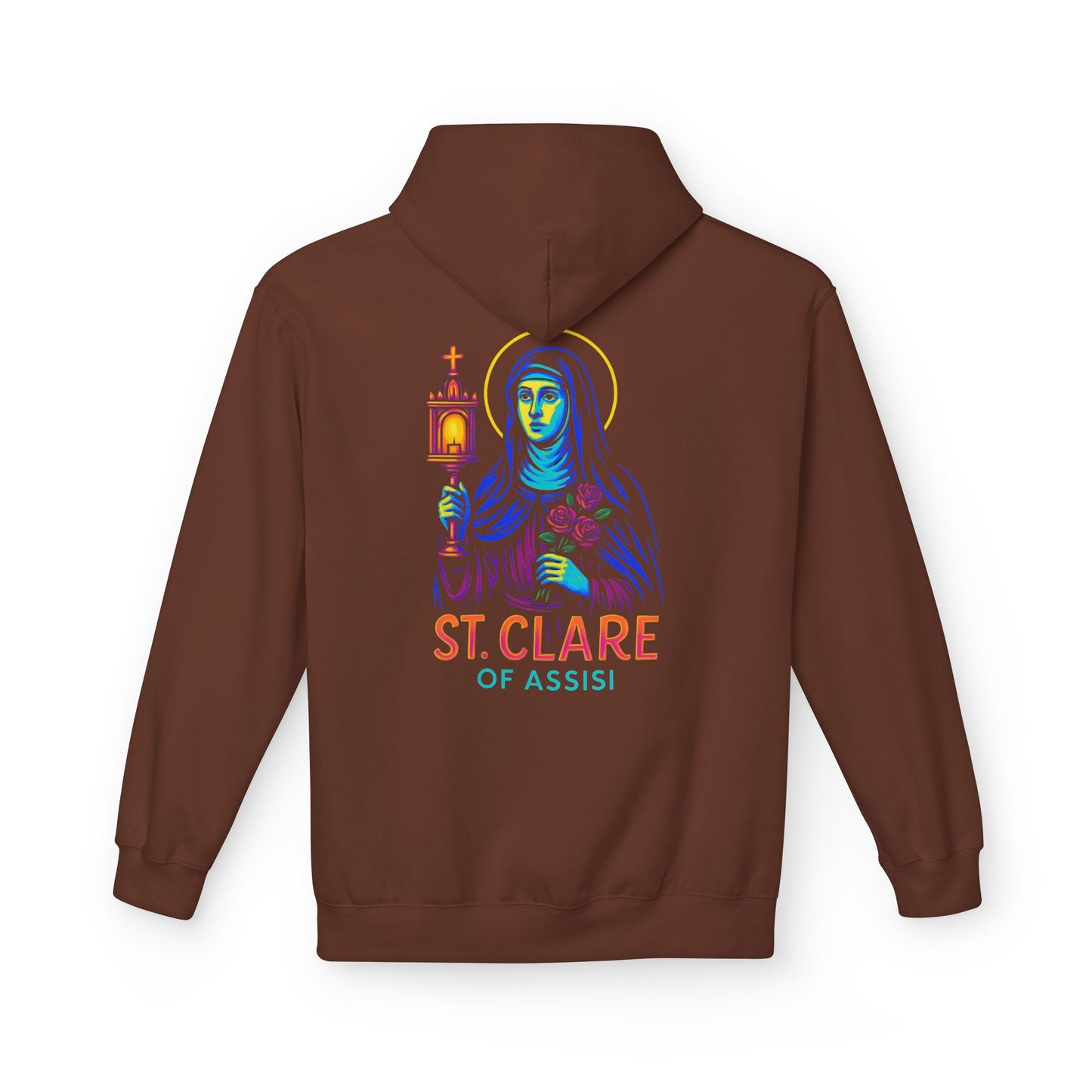 St. Clare of Assisi Neon Hoodie | Catholic Streetwear – Light, Clarity & Fearless Faith