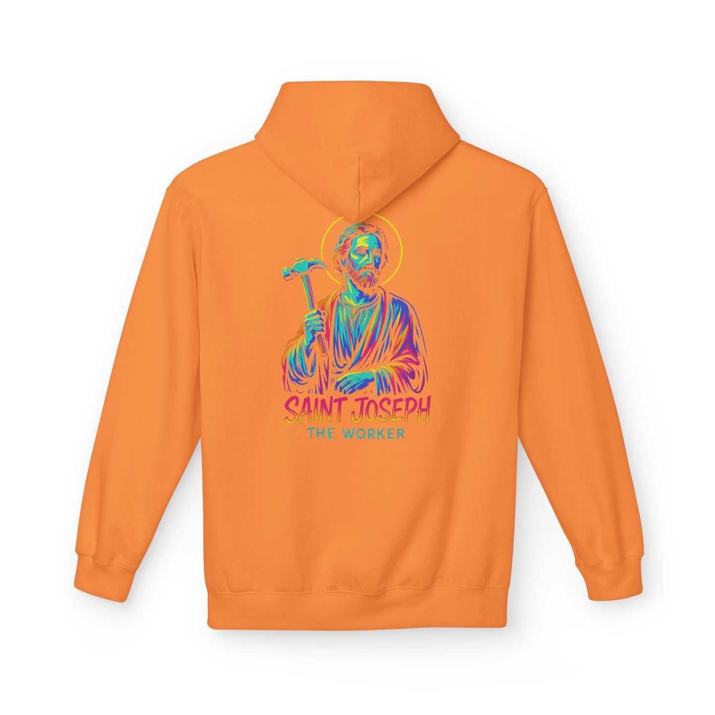Saint Joseph the Worker Hoodie | Catholic Saint Graphic Sweatshirt | Neon Christian Streetwear | Religious Gift for Men & Women