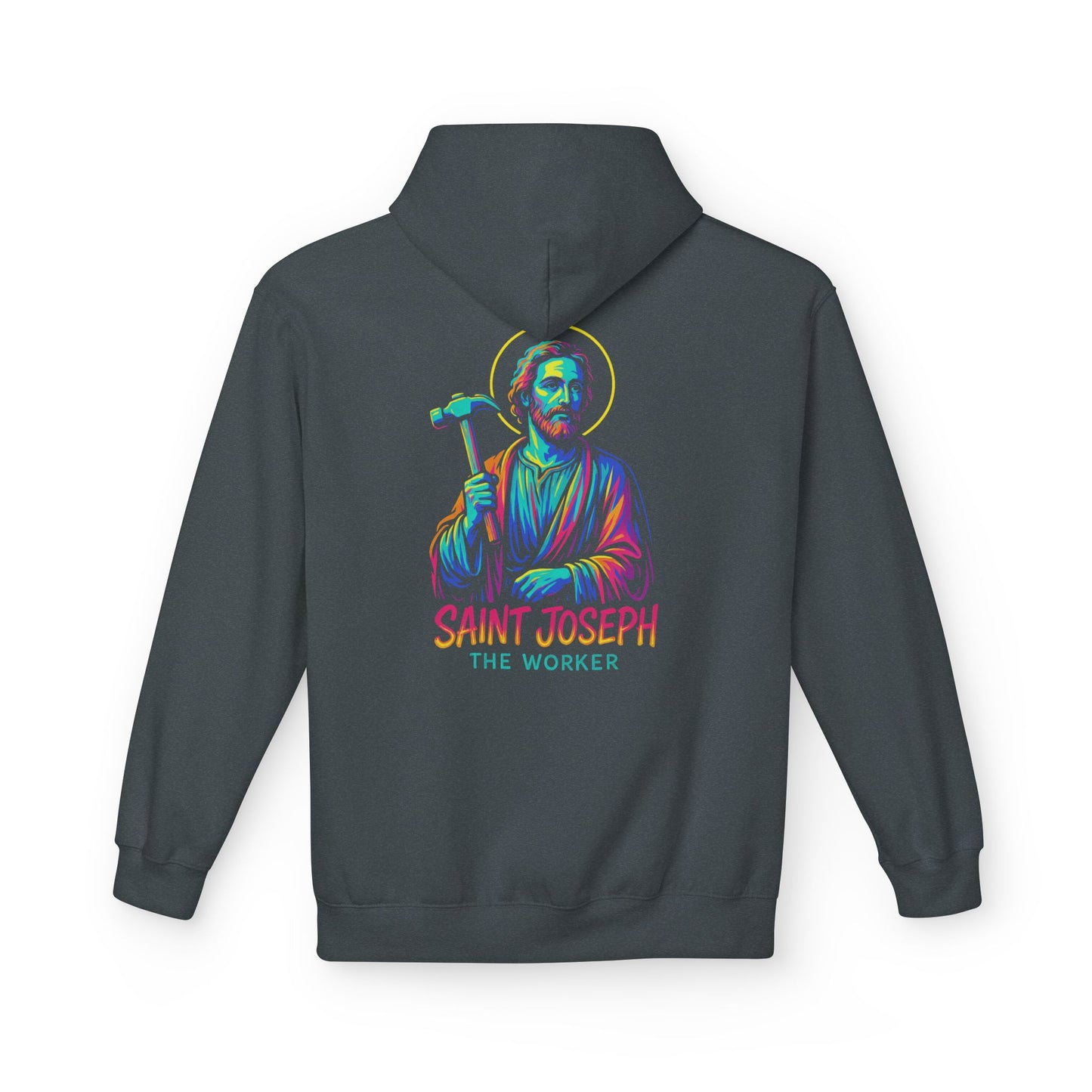 Saint Joseph the Worker Hoodie | Catholic Saint Graphic Sweatshirt | Neon Christian Streetwear | Religious Gift for Men & Women